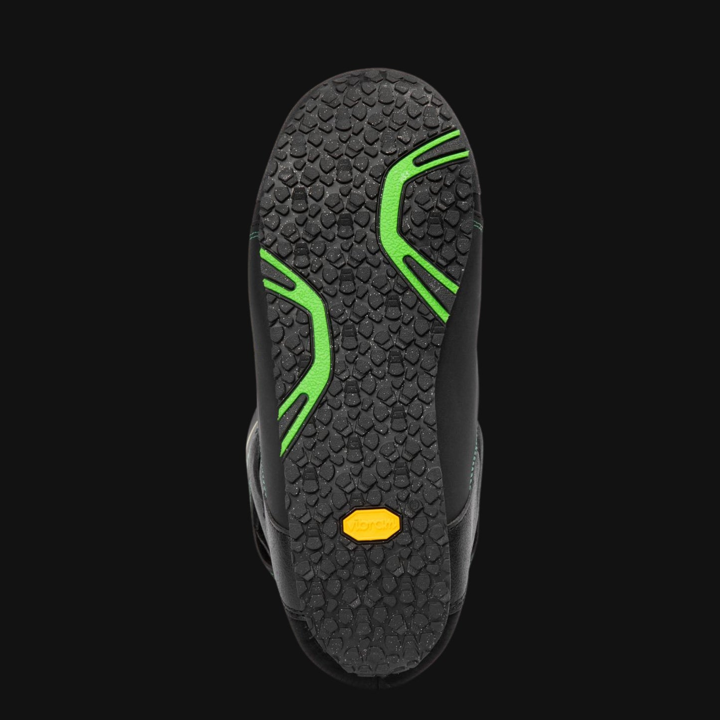 Boot sole view of walking boot with pebble style sole and lime green accents.